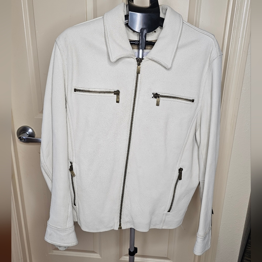 Wilsons Leather White Lightweight Jacket with Zip Front and Standing Collar